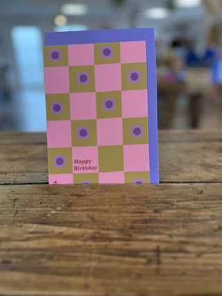 Carte "anniversaire" - Happy birthday carreaux rose & vert (