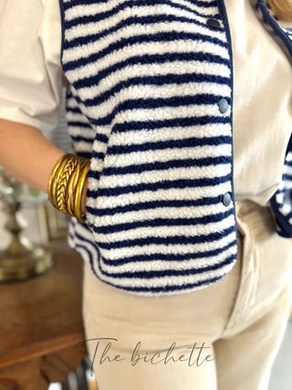 Gilet s/manche rayé Léo • Marine
